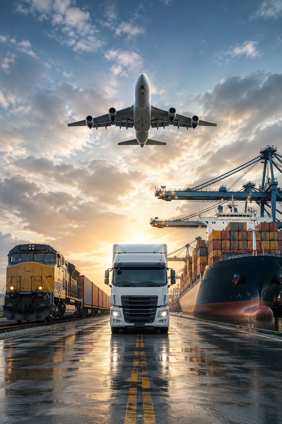 Air, sea, rail and road freight moving together — aircraft departing above a container terminal, with a truck and freight train on the approach road